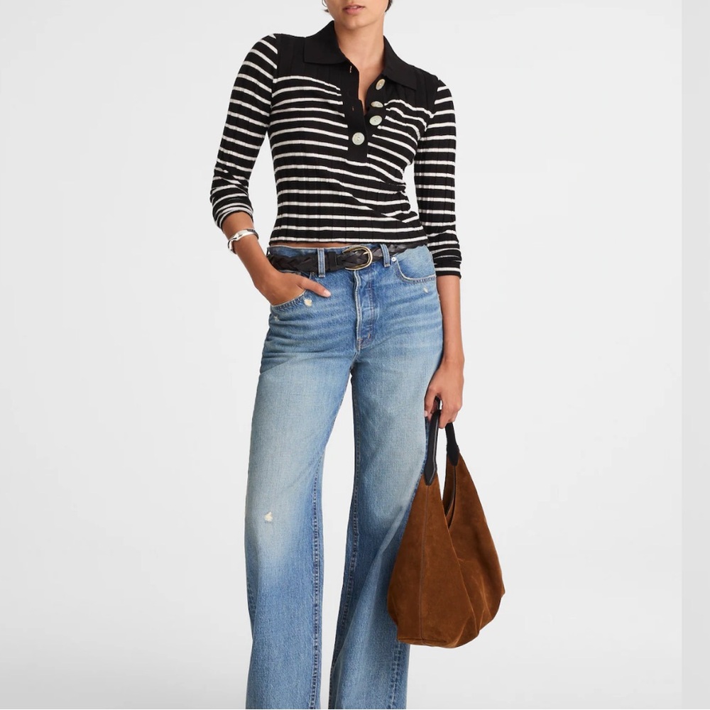 Madewell Black and Ivory Ribbed Polo Sweater